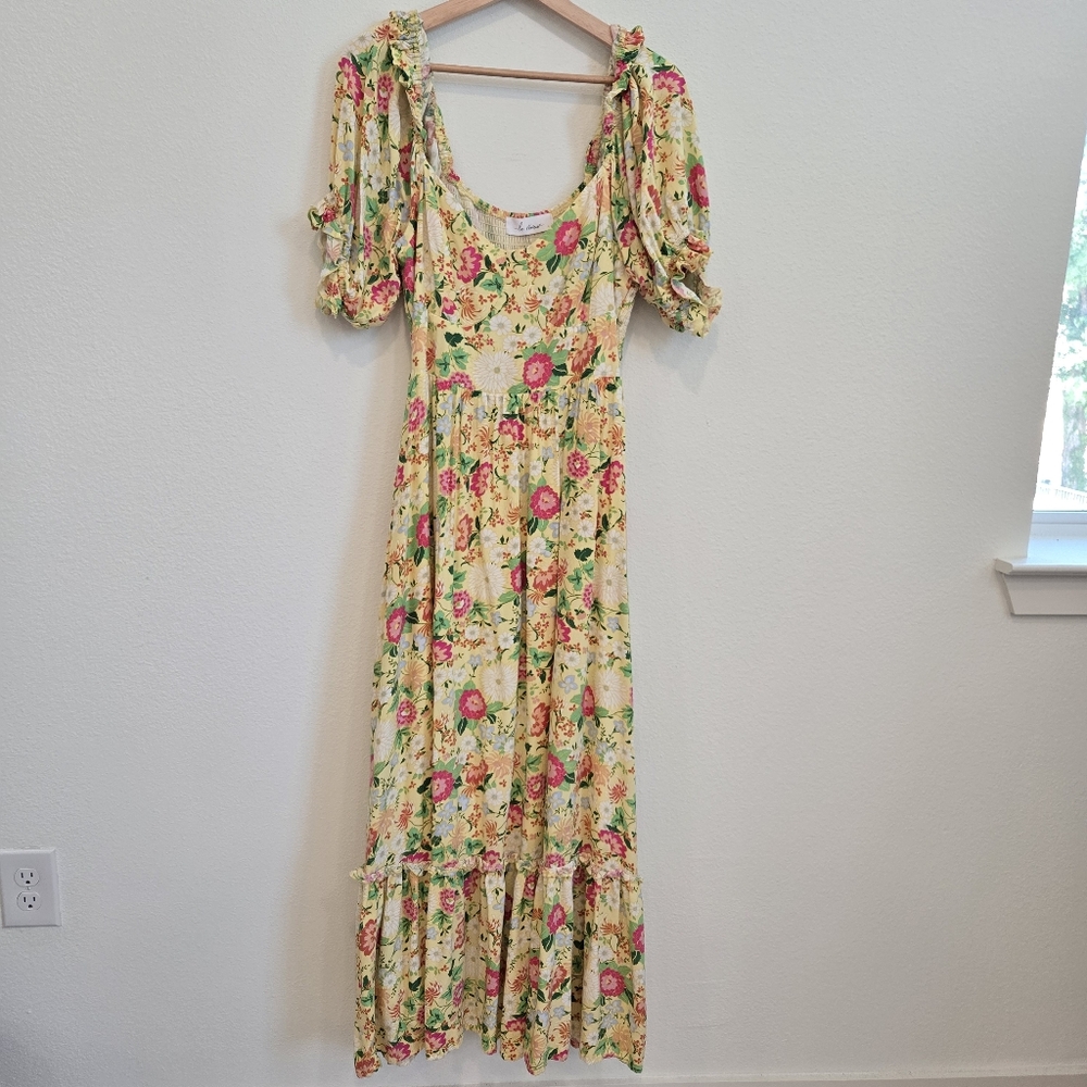 Le Reveur Floral Milkmaid Cottagecore floral boho Maxi tier dress size Large